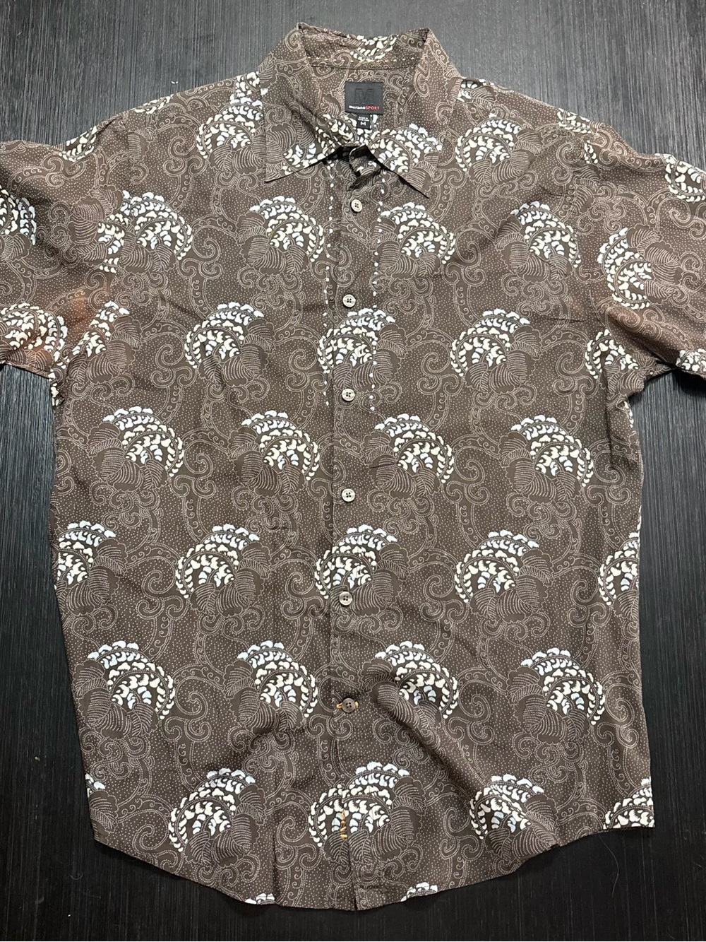 Brown Short-Sleeve Button-Up Shirt with White Pattern